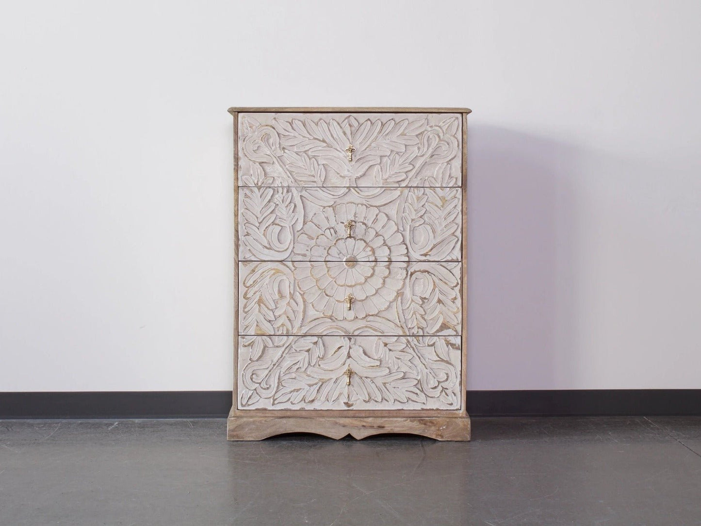 Elegant Floral Hand Carved Indian Chest drawer – handcrafted solid wood furniture