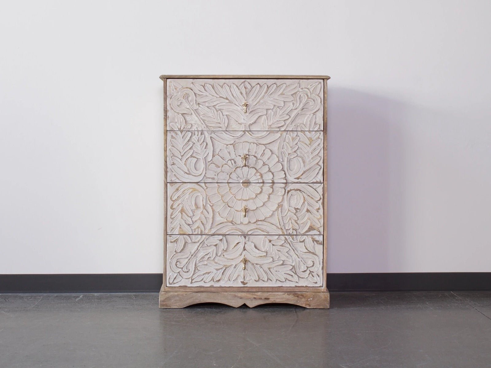 Elegant Floral Hand Carved Indian Chest drawer – handcrafted solid wood furniture