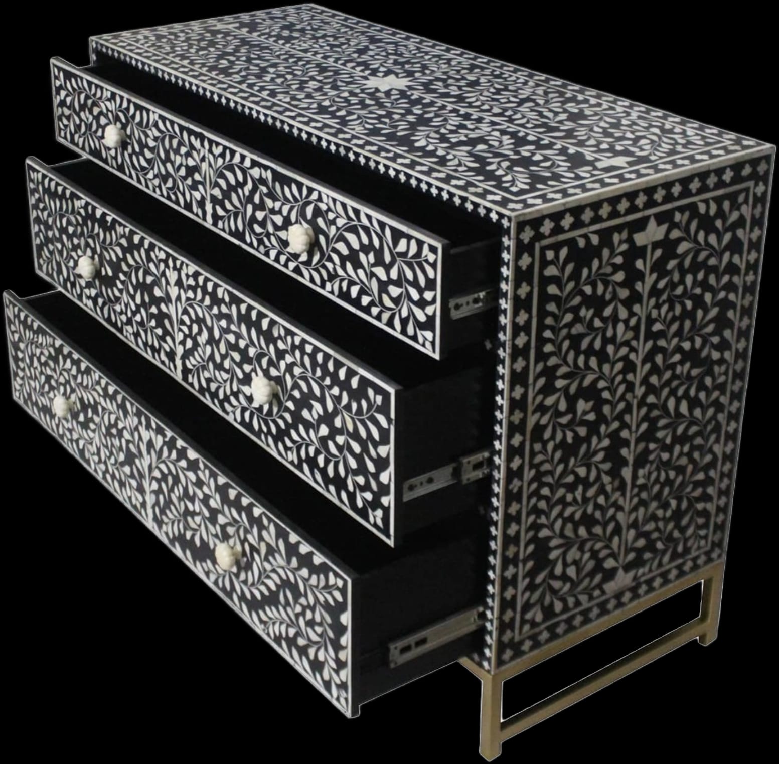 Floral Bone Inlay Chest Of 3 Drawers Dresser – handcrafted solid wood furniture