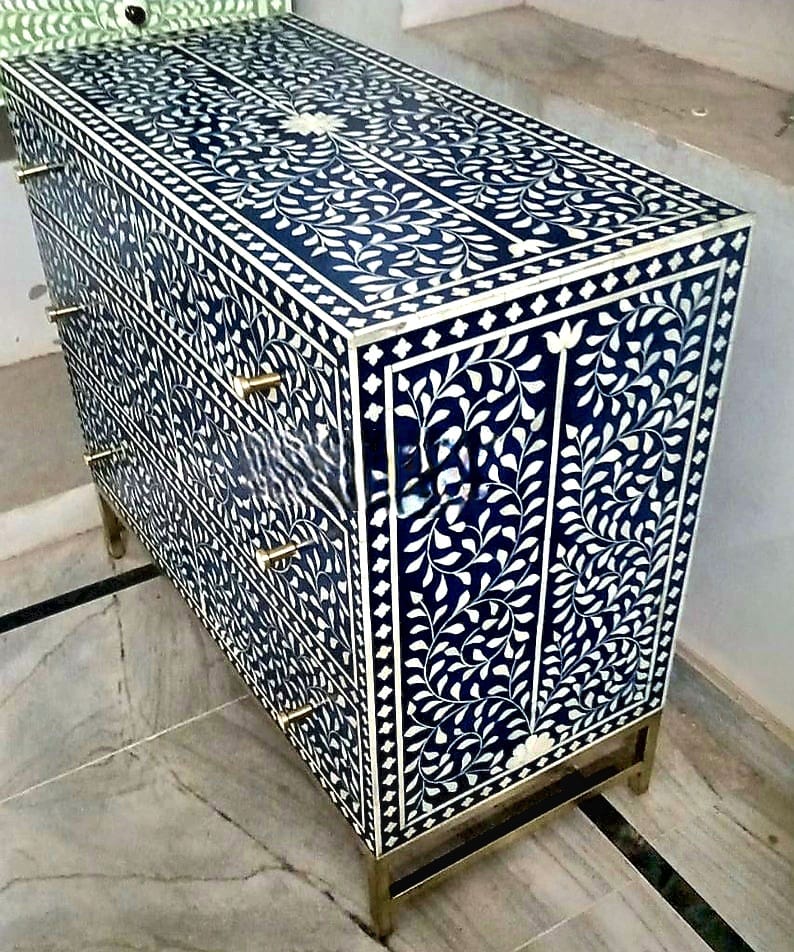 Floral Bone Inlay Chest Of 3 Drawers Dresser – handcrafted solid wood furniture