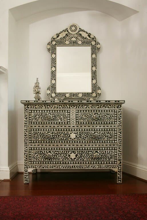 Floral Design Bone Inlay 4 Drawer Chest – handcrafted solid wood furniture