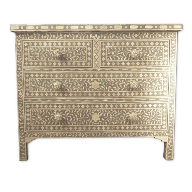 Floral Design Bone Inlay 4 Drawer Chest – handcrafted solid wood furniture