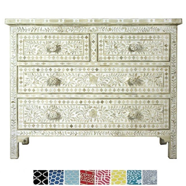 Floral Design Bone Inlay 4 Drawer Chest by Hibashi Furniture – handcrafted solid wood furniture made in India