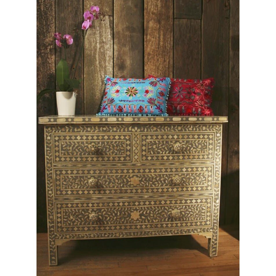 Floral Design Bone Inlay 4 Drawer Chest – handcrafted solid wood furniture