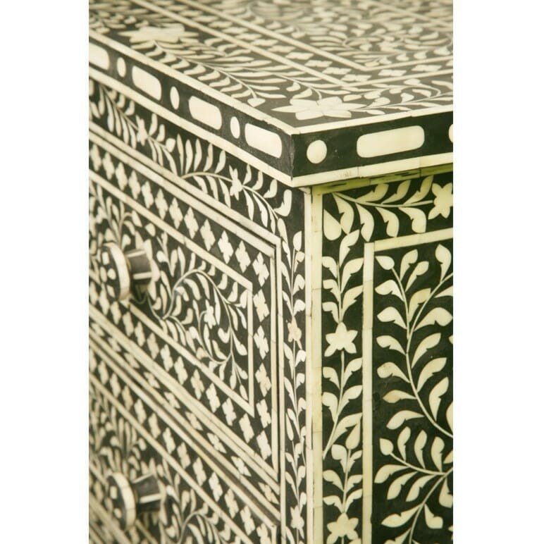 Floral Design Bone Inlay 4 Drawer Chest – handcrafted solid wood furniture