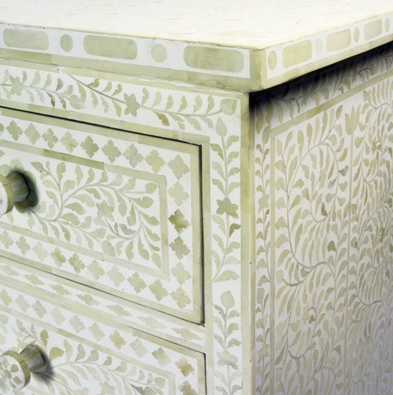 Floral Design Bone Inlay 4 Drawer Chest by Hibashi Furniture – handcrafted solid wood furniture made in India