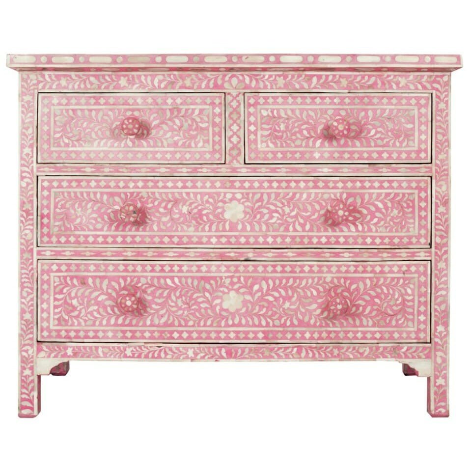 Floral Design Bone Inlay 4 Drawer Chest by Hibashi Furniture – handcrafted solid wood furniture made in India