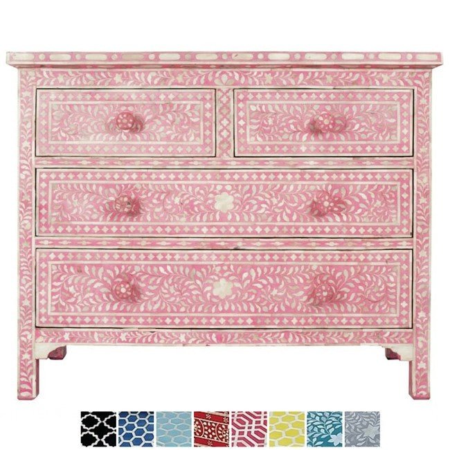 Floral Design Bone Inlay 4 Drawer Chest – handcrafted solid wood furniture