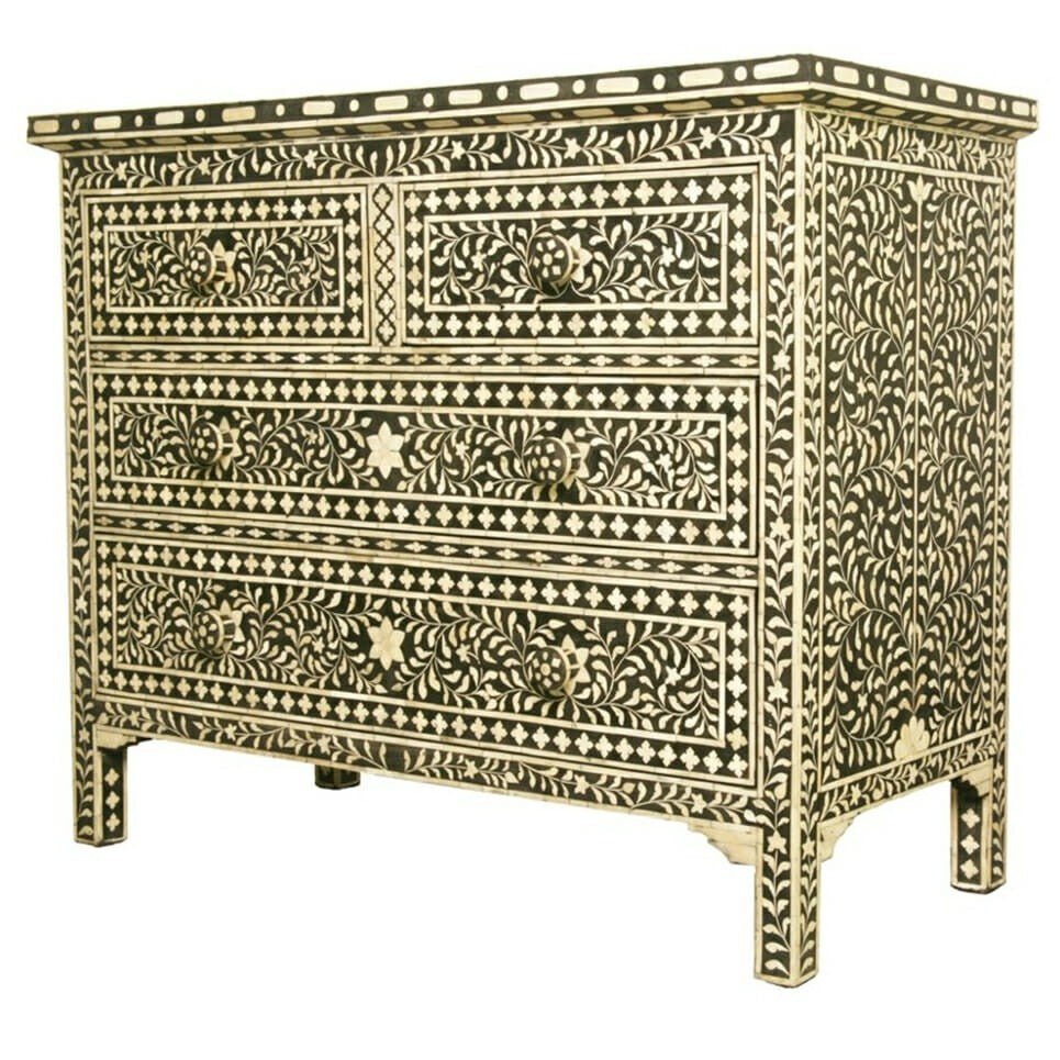 Floral Design Bone Inlay 4 Drawer Chest – handcrafted solid wood furniture