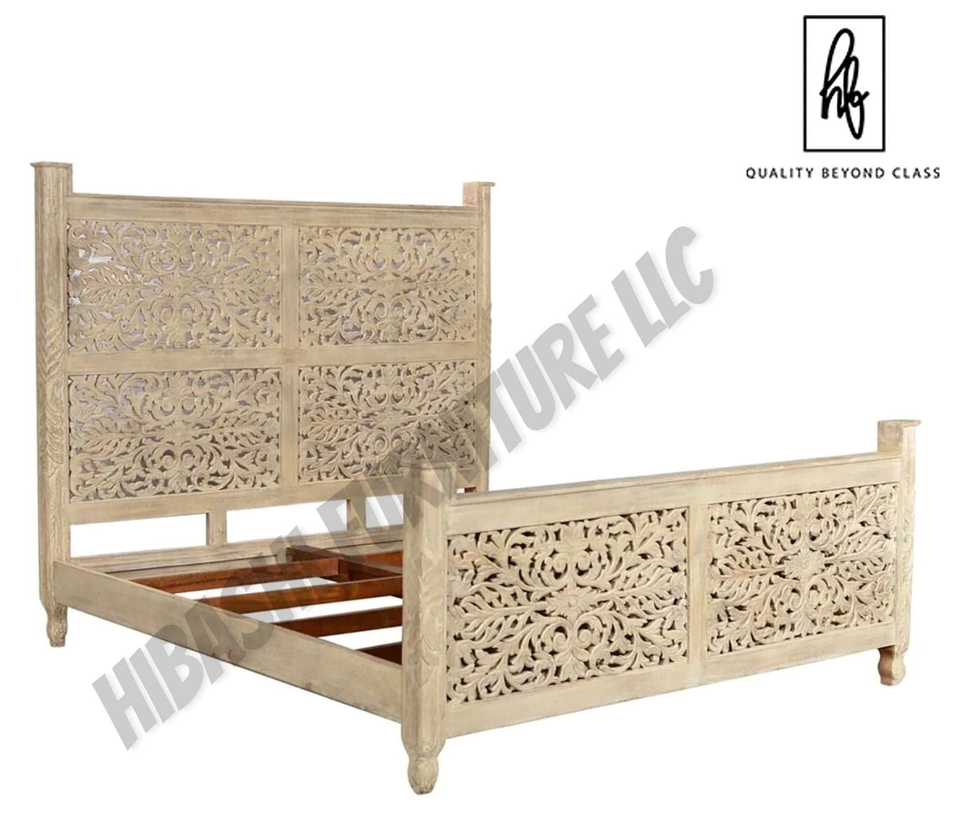 Floral Hand Carved Moroccan Style Flatform Bed – handcrafted solid wood furniture