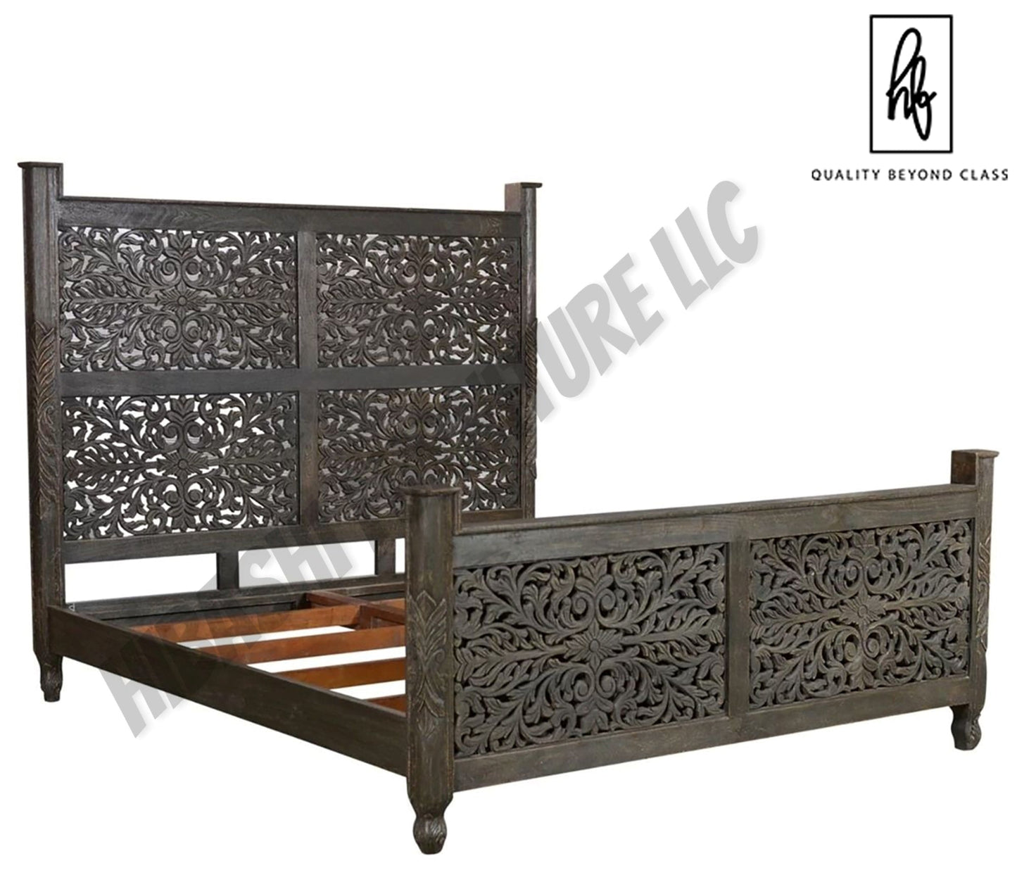 Floral Hand Carved Moroccan Style Flatform Bed – handcrafted solid wood furniture