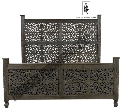 Floral Hand Carved Moroccan Style Flatform Bed – handcrafted solid wood furniture
