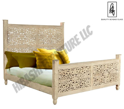Floral Hand Carved Moroccan Style Flatform Bed – handcrafted solid wood furniture