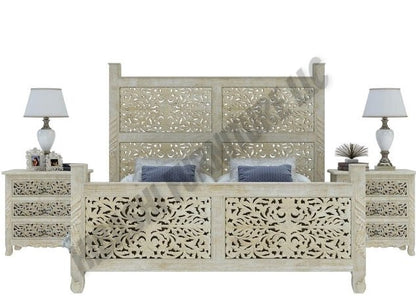 Floral Hand Carved Moroccan Style Flatform Bed – handcrafted solid wood furniture