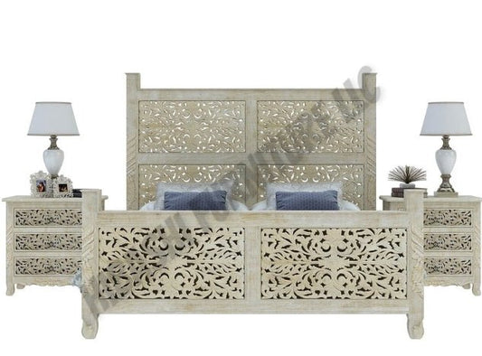 Floral Hand Carved Moroccan Style Flatform Bed – handcrafted solid wood furniture
