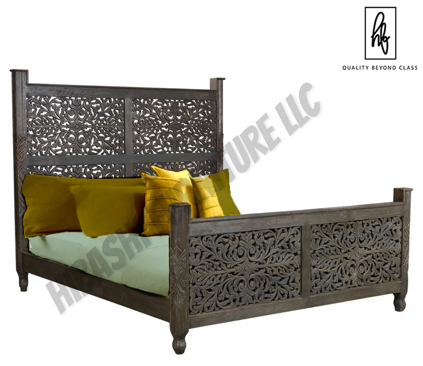 Floral Hand Carved Moroccan Style Flatform Bed – handcrafted solid wood furniture