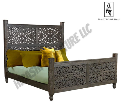 Floral Hand Carved Moroccan Style Flatform Bed – handcrafted solid wood furniture