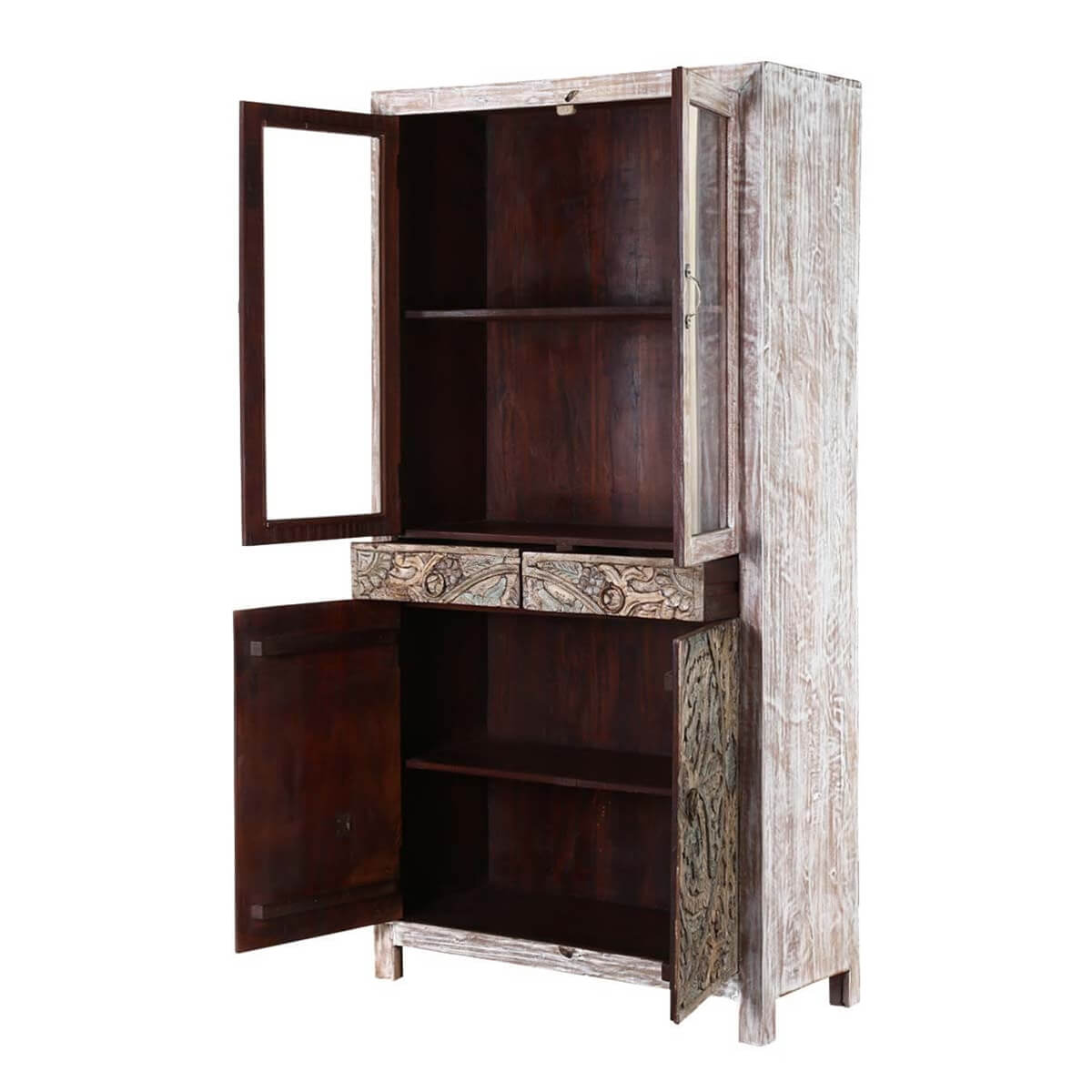 Floral Indian Hand carved Rustic Solid Wood Display Cabinet Armoire – handcrafted solid wood furniture