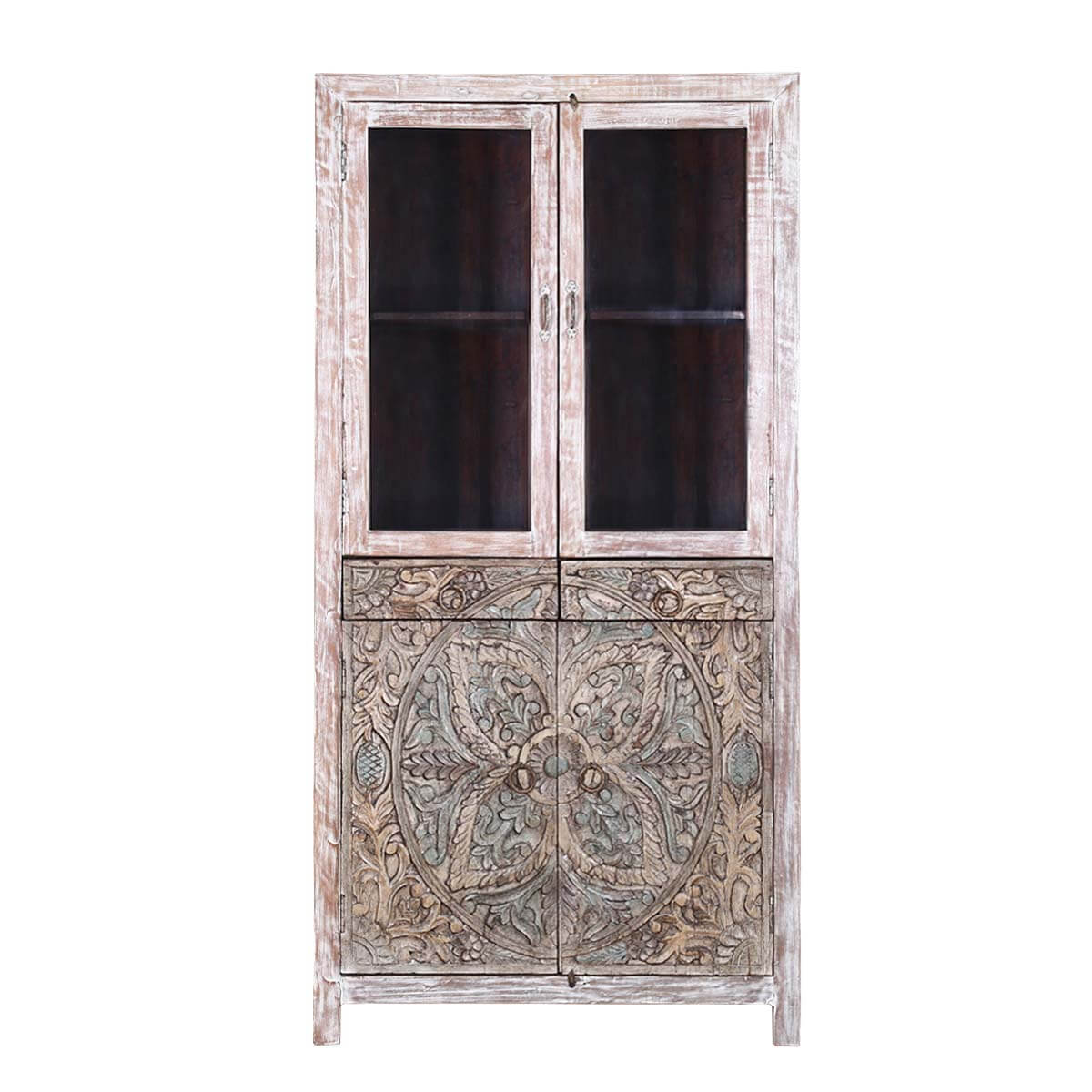 Floral Indian Hand carved Rustic Solid Wood Display Cabinet Armoire – handcrafted solid wood furniture