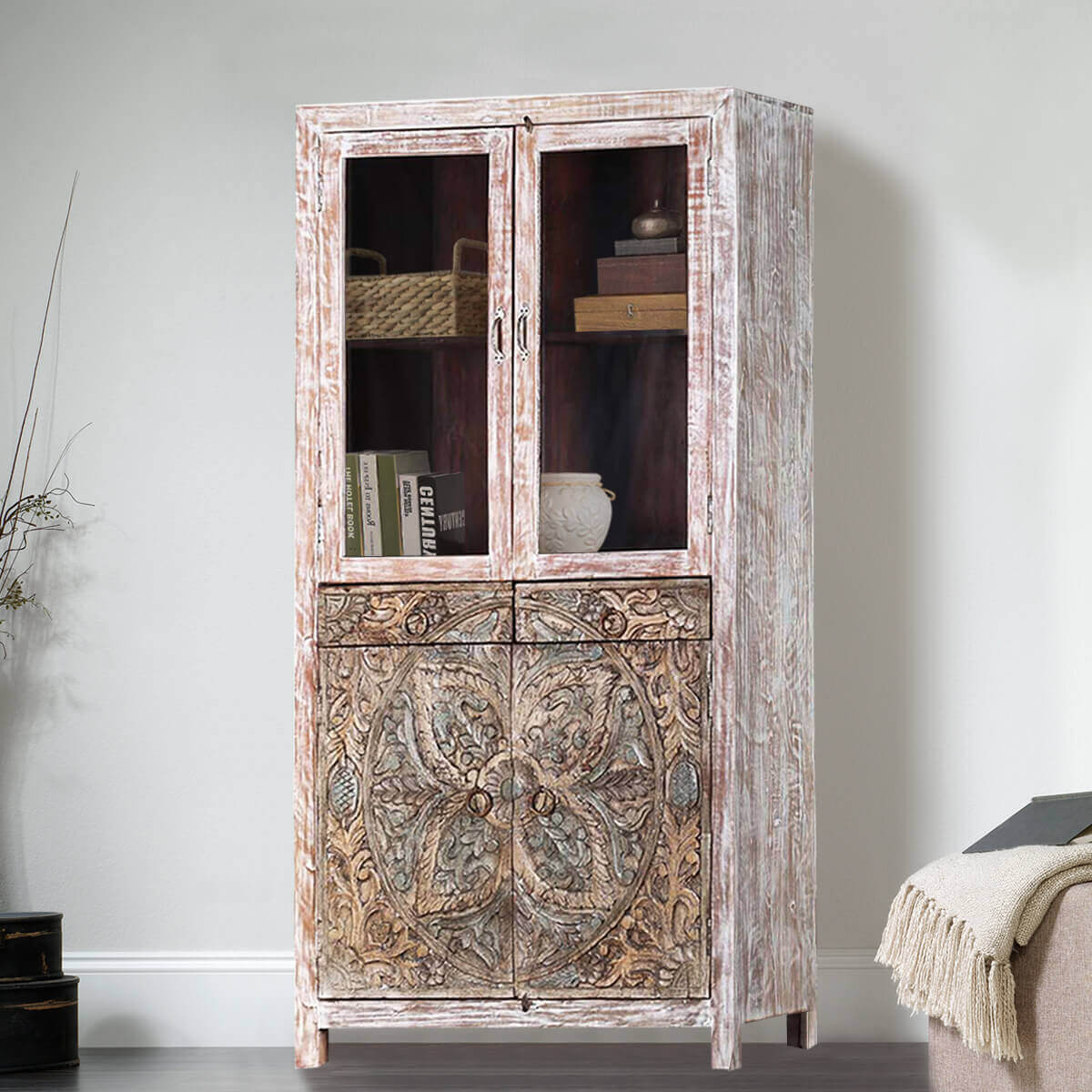 Floral Indian Hand carved Rustic Solid Wood Display Cabinet Armoire – handcrafted solid wood furniture