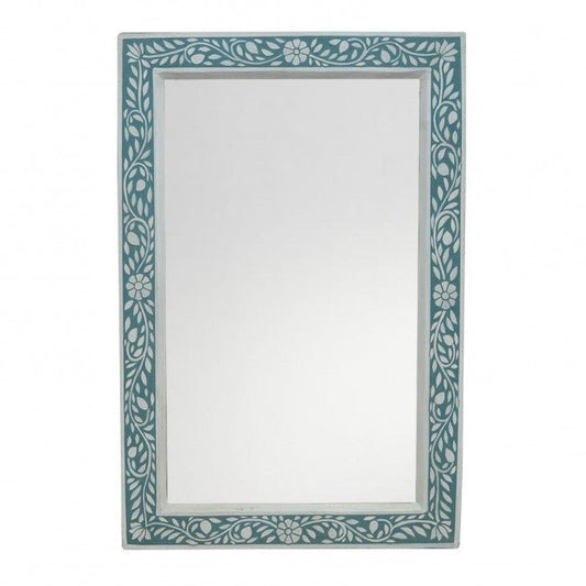 Floral Painted Reclaimed Wood Wall Mirror Frame Teal – handcrafted solid wood furniture