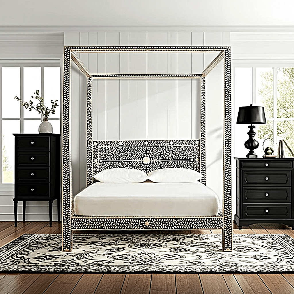 Fontana Bone Inlay 4 Post Bed – handcrafted solid wood furniture