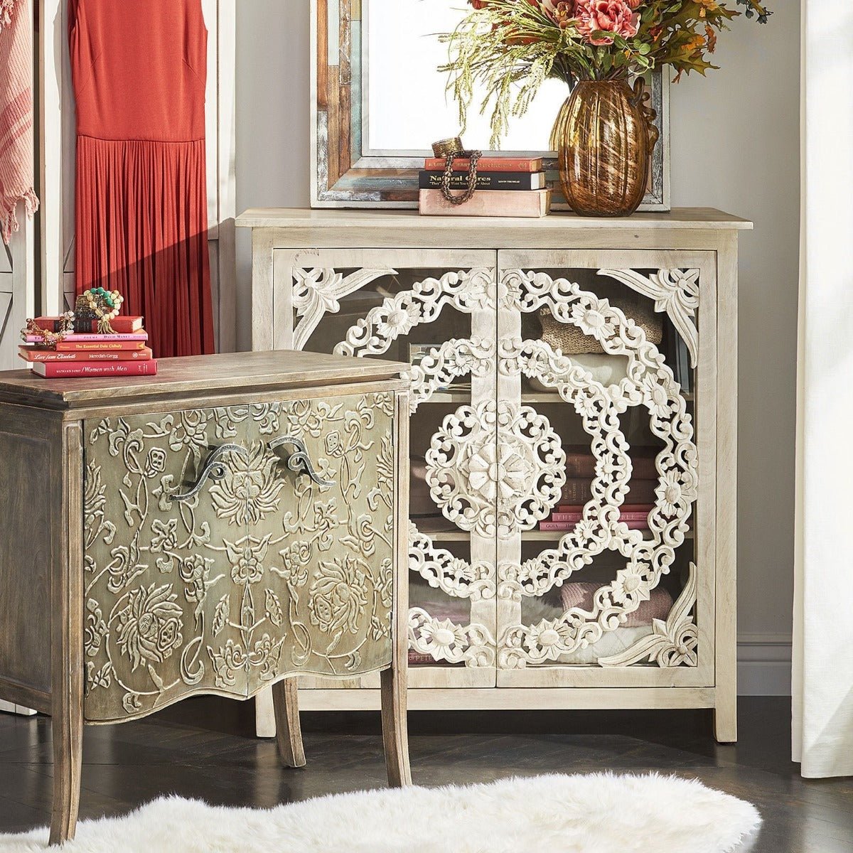 FRENCH ARCHED FLORAL CARVED GLASS DOOR SIDEBOARD – handcrafted solid wood furniture
