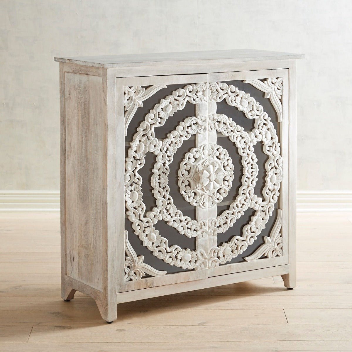 FRENCH ARCHED FLORAL CARVED GLASS DOOR SIDEBOARD – handcrafted solid wood furniture