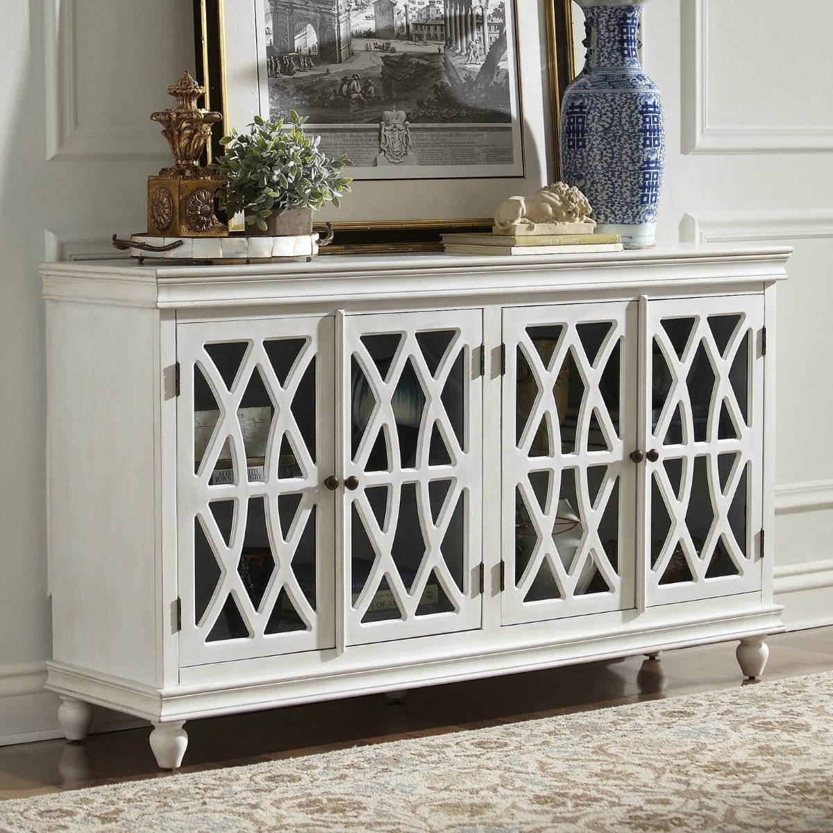 FRENCH ARCHED WHITE GLASS DOOR SIDEBOARD – handcrafted solid wood furniture