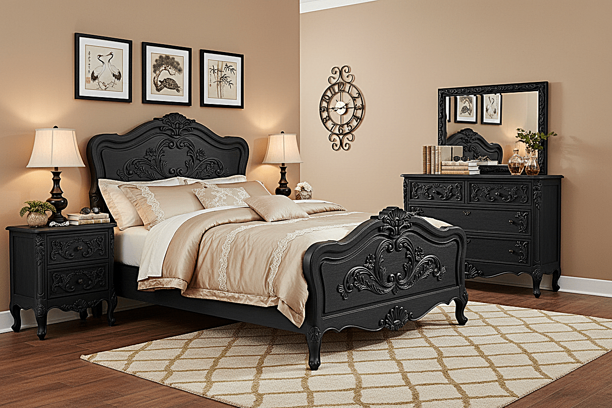 French Country Hand - Carved Solid Wood Platform Bed / Bedroom Collection – handcrafted solid wood furniture