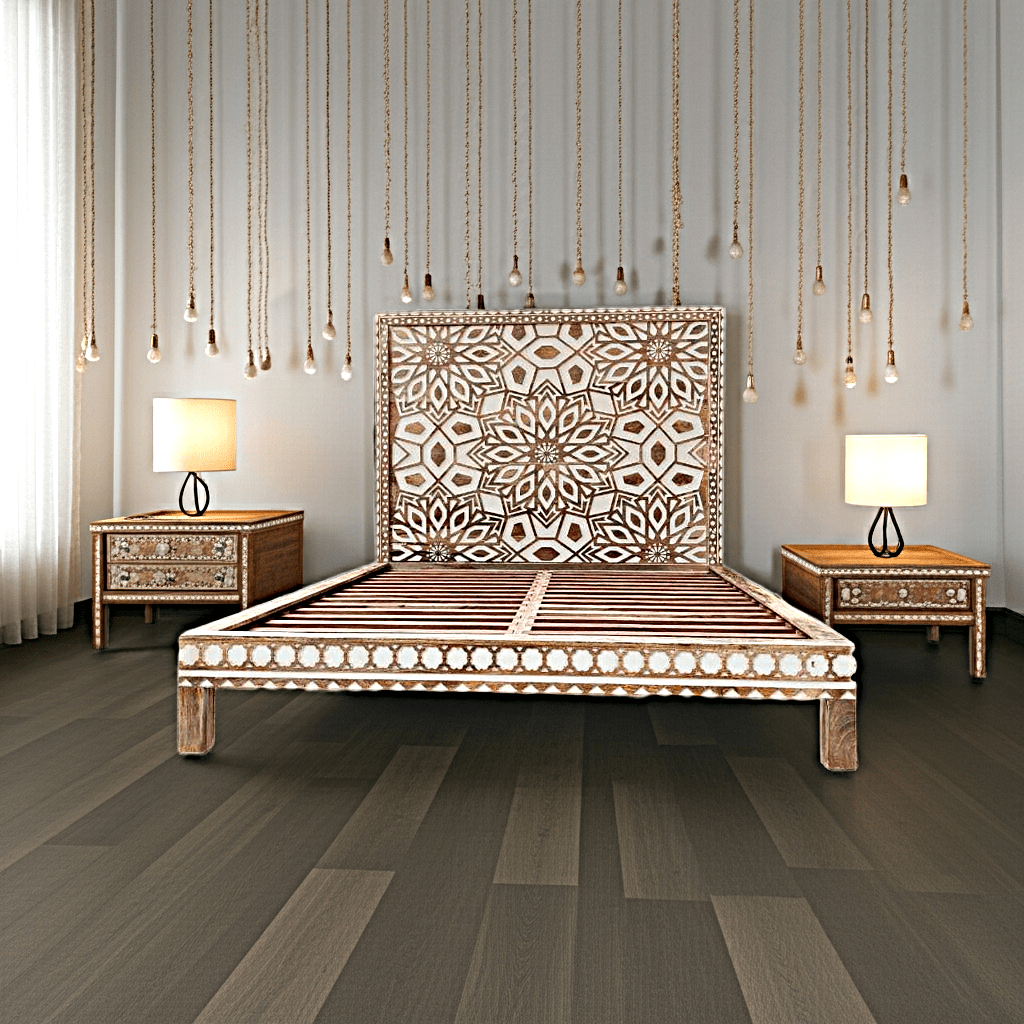 Geometric Floral Design Handmade Wooden Bed – handcrafted solid wood furniture