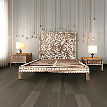 Geometric Floral Design Handmade Wooden Bed – handcrafted solid wood furniture