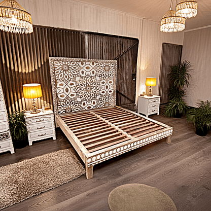Geometric Floral Design Handmade Wooden Bed – handcrafted solid wood furniture