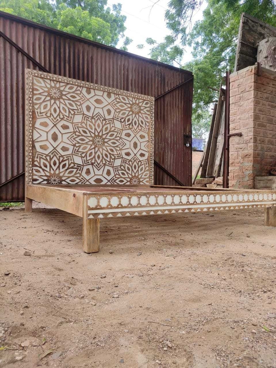 Geometric Floral Design Handmade Wooden Bed – handcrafted solid wood furniture