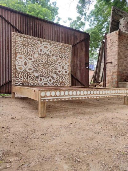 Geometric Floral Design Handmade Wooden Bed – handcrafted solid wood furniture