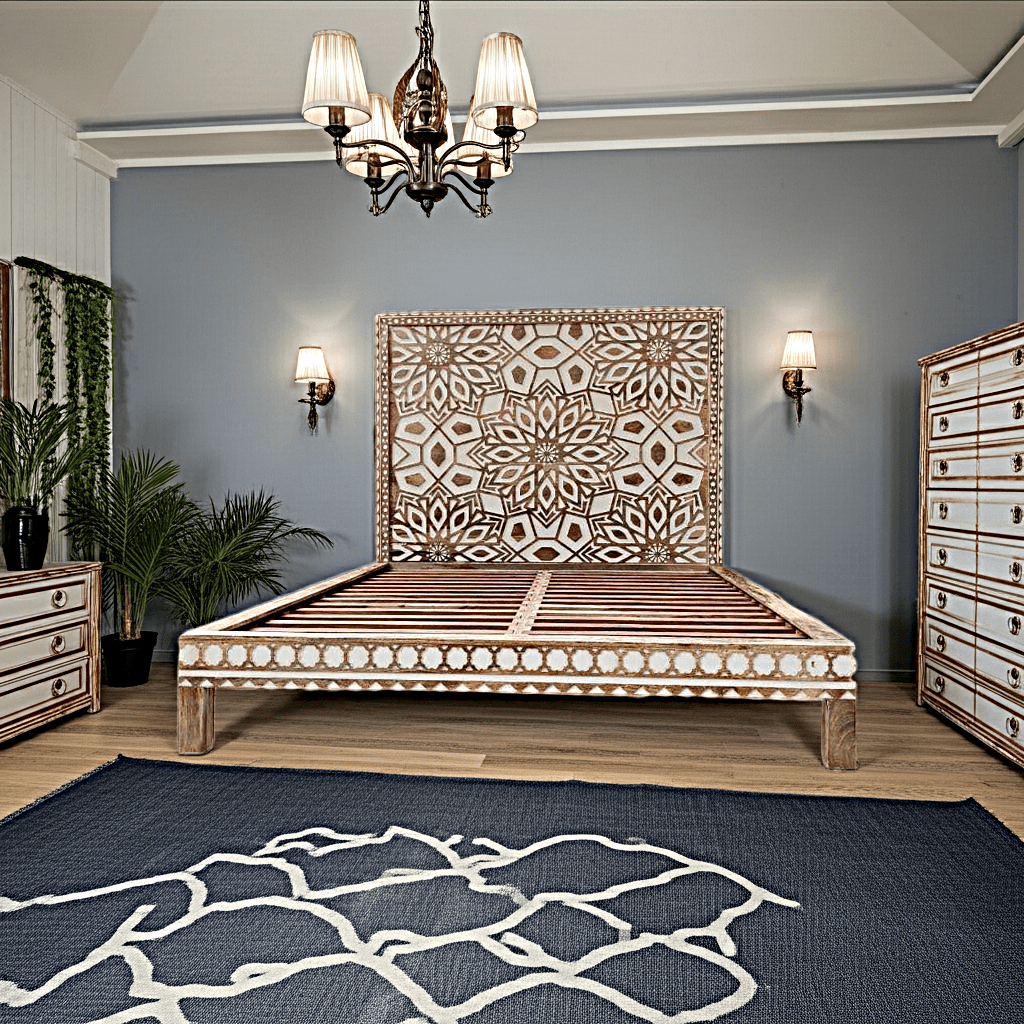 Geometric Floral Design Handmade Wooden Bed by Hibashi Furniture – handcrafted solid wood furniture made in India