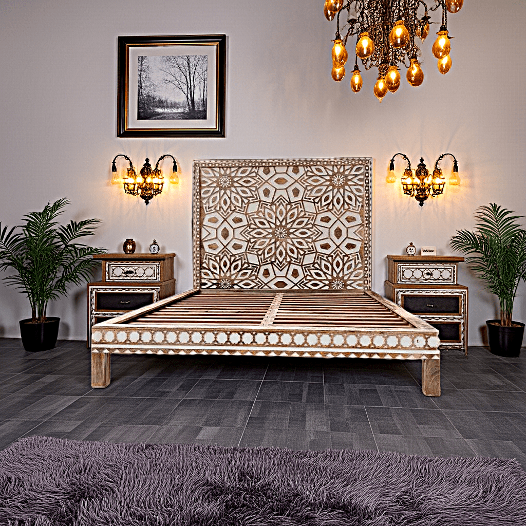 Geometric Floral Design Handmade Wooden Bed – handcrafted solid wood furniture