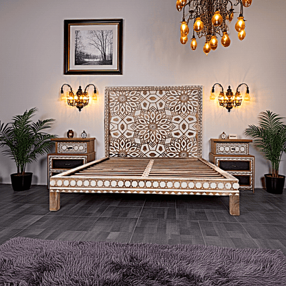 Geometric Floral Design Handmade Wooden Bed – handcrafted solid wood furniture