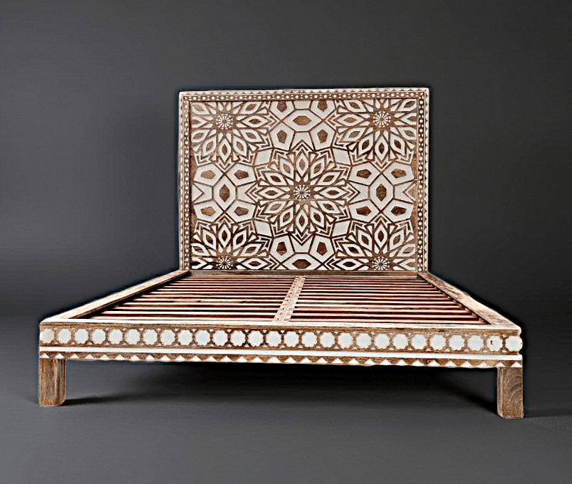 Geometric Floral Design Handmade Wooden Bed by Hibashi Furniture – handcrafted solid wood furniture made in India