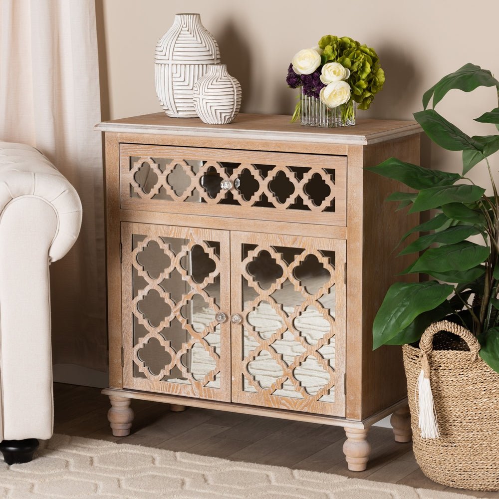 Glam Wooden Rustic Mirrored Storage Cabinet – handcrafted solid wood furniture