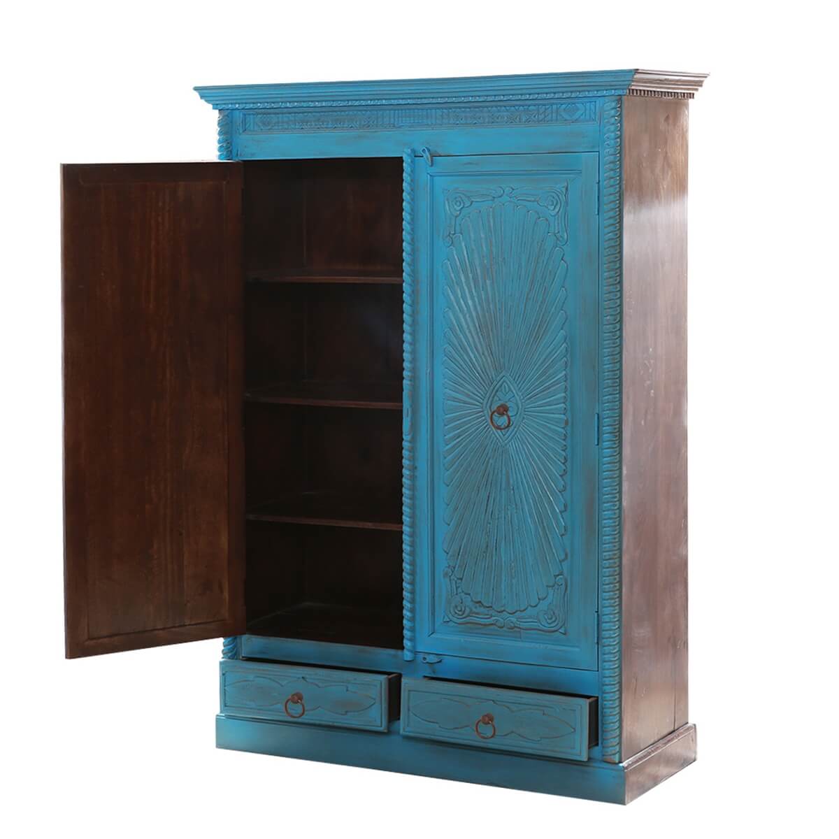 Guful Turquoise Hand Carved Solid Wood 2 Drawer Armoire – handcrafted solid wood furniture