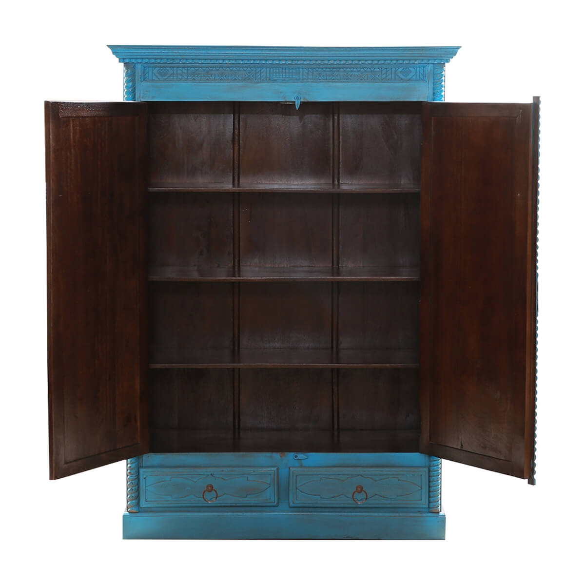 Guful Turquoise Hand Carved Solid Wood 2 Drawer Armoire – handcrafted solid wood furniture