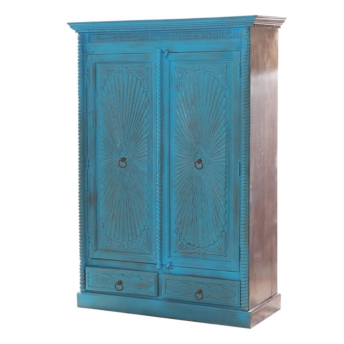 Guful Turquoise Hand Carved Solid Wood 2 Drawer Armoire – handcrafted solid wood furniture