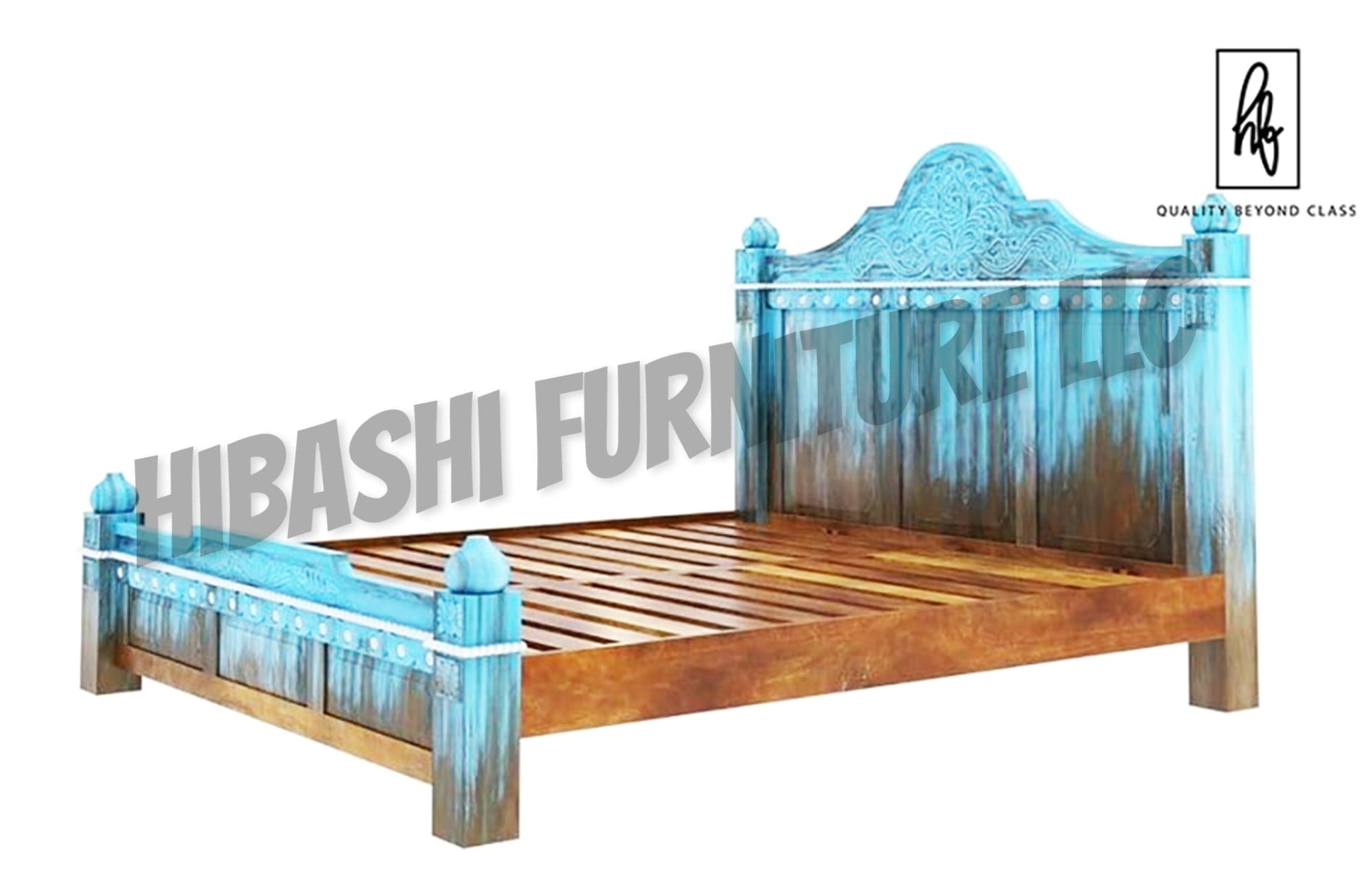 Hand Carved Blue Wash Solid Mango Wood Platform Bed – handcrafted solid wood furniture