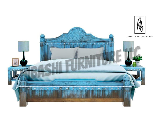 Hand Carved Blue Wash Solid Mango Wood Platform Bed – handcrafted solid wood furniture