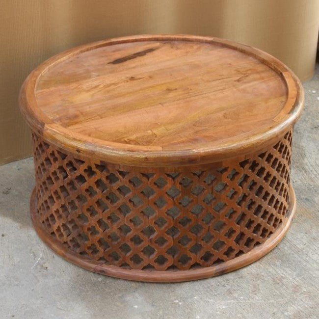 Hand Carved Floral Round Coffee Table – handcrafted solid wood furniture