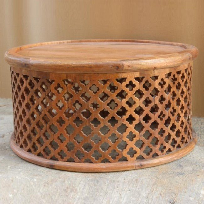 Hand Carved Floral Round Coffee Table – handcrafted solid wood furniture