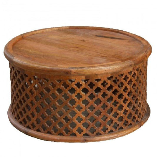 Hand Carved Floral Round Coffee Table – handcrafted solid wood furniture