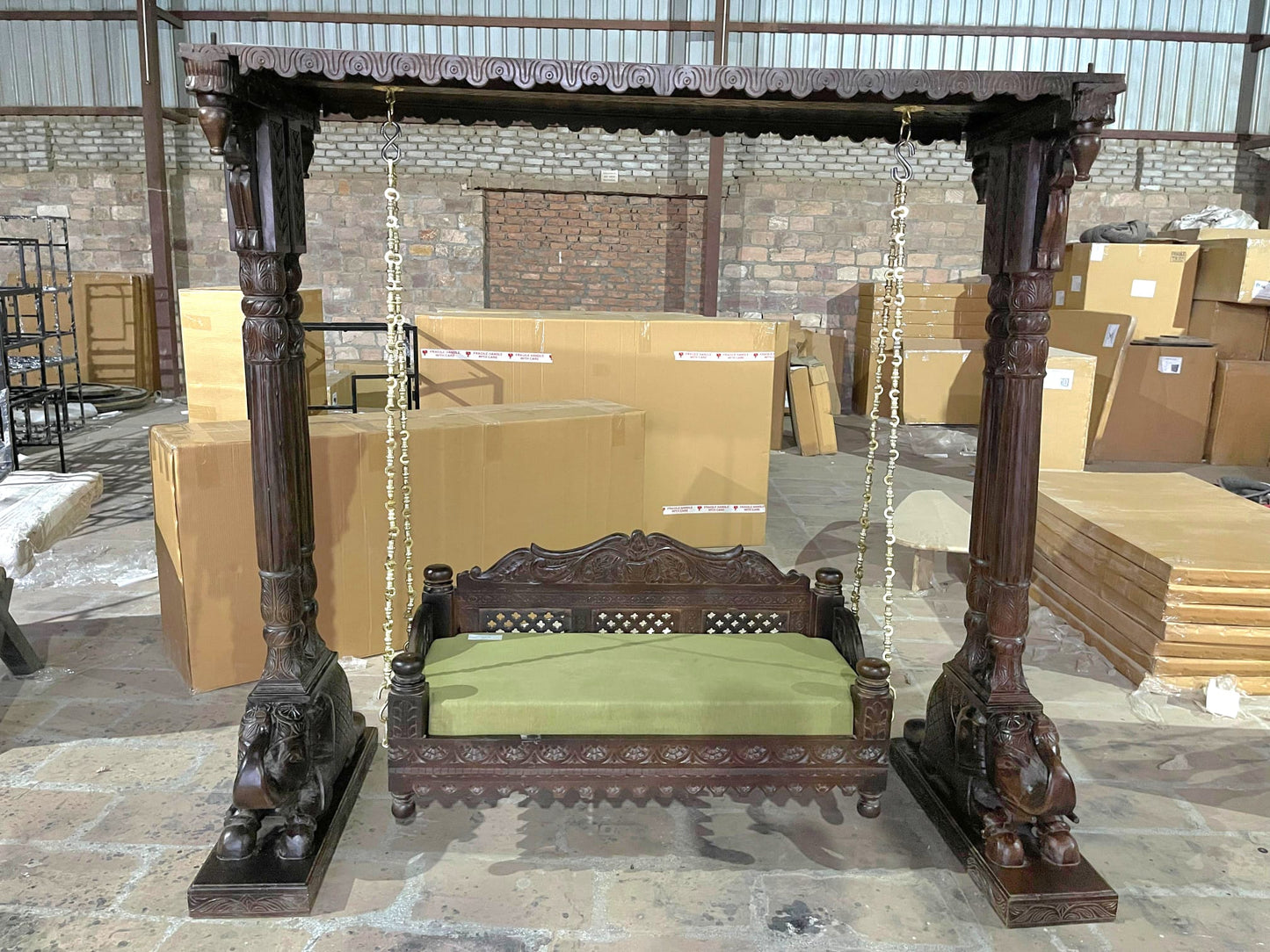 Hand Carved Indian Mughal Elephant Design swing – handcrafted solid wood furniture