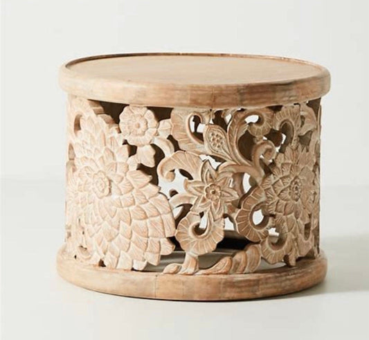 Hand Carved Lotus Floral Round Side Table – handcrafted solid wood furniture